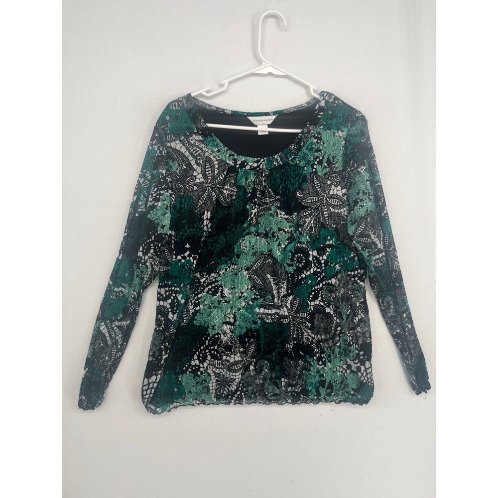 Christopher & Banks XL Green Black Lace Paisley Print Long Sleeve Lined Top